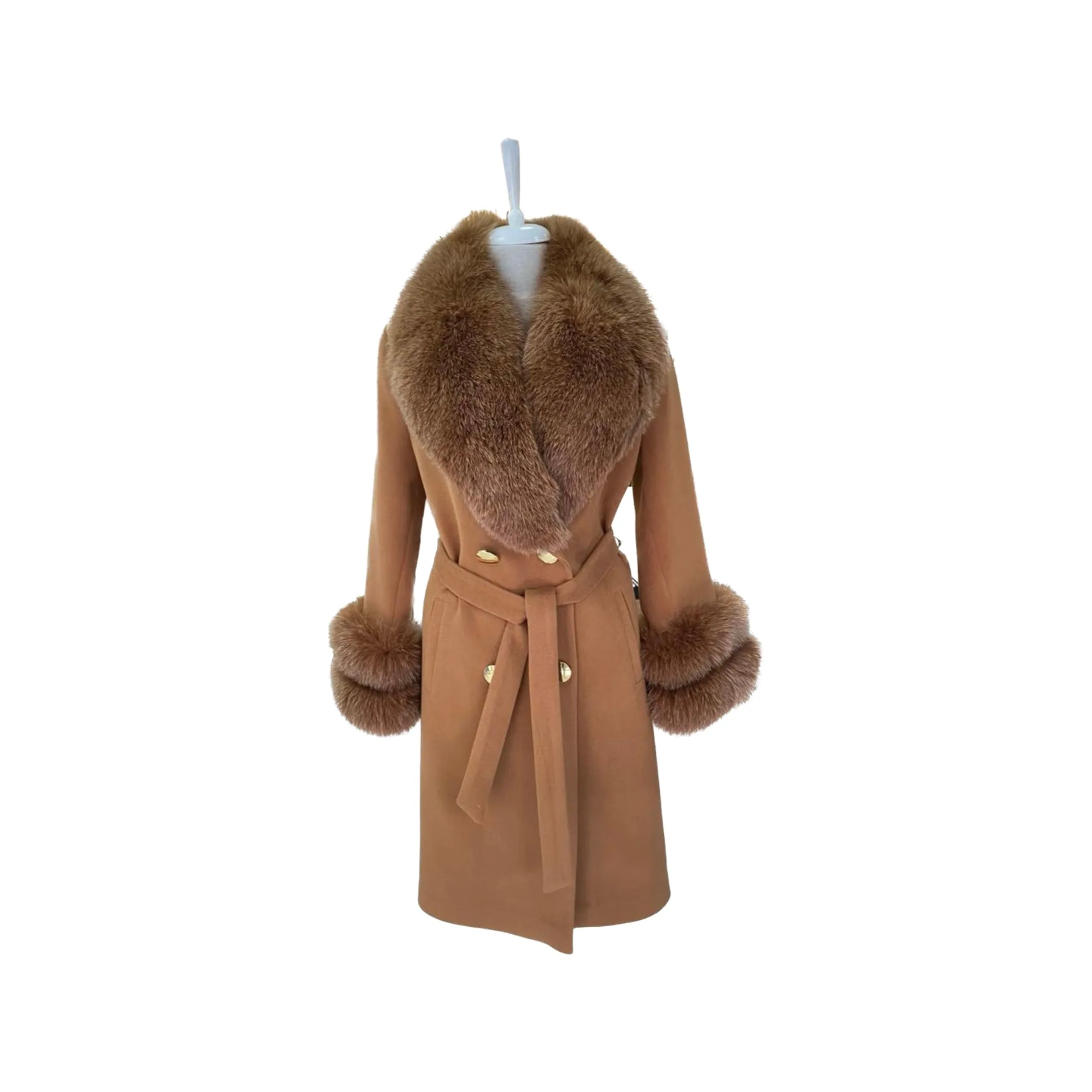 Women's BROWN Wool Coat with detachable Fox Collar and Cuffs  Trimmed Hood Style # K-10
