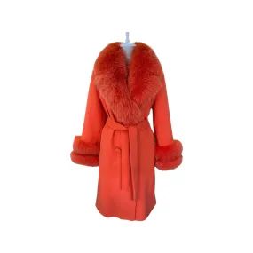 Women's ORANGE Wool Coat with detachable Fox Collar and Cuffs  Trimmed Hood Style # K-10