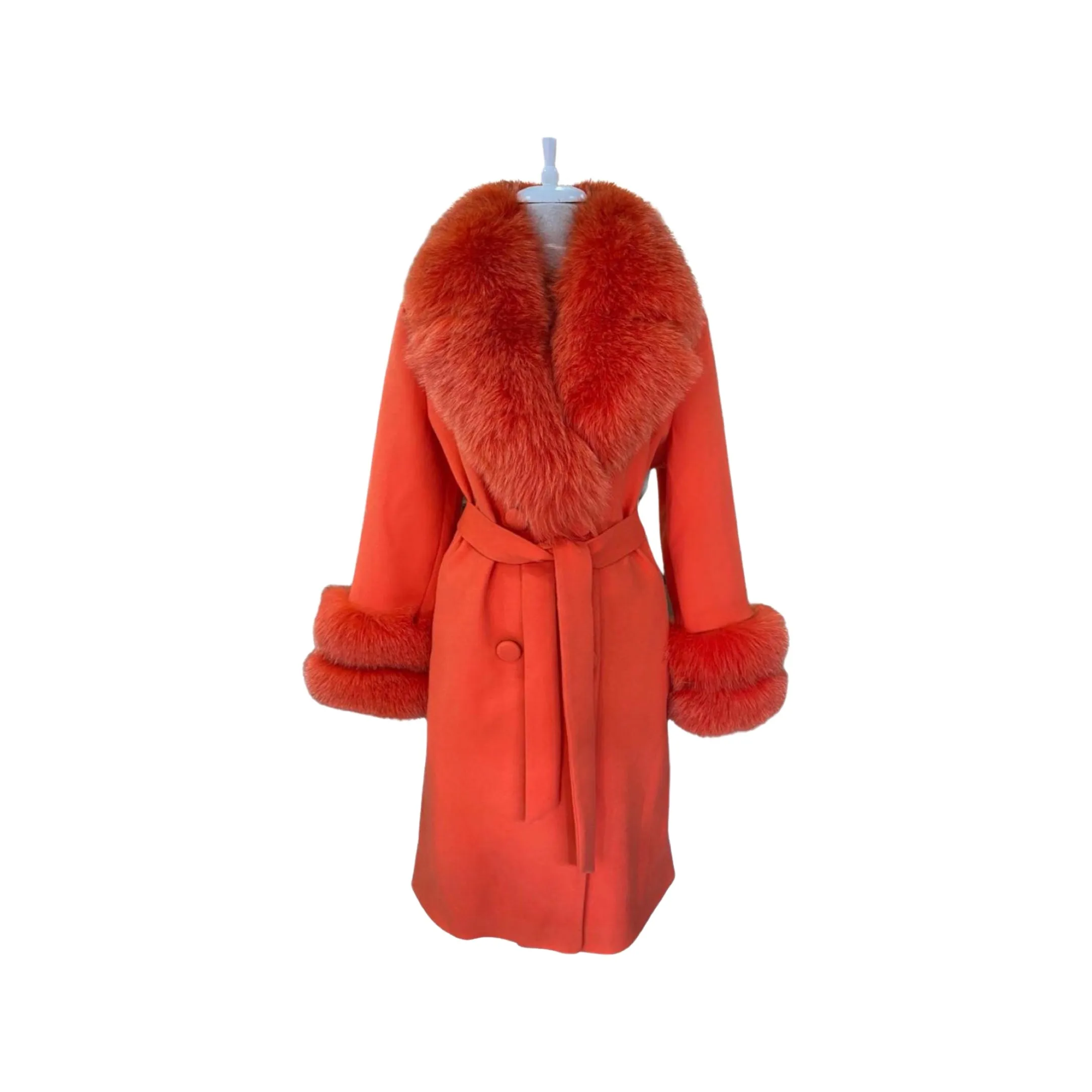 Women's ORANGE Wool Coat with detachable Fox Collar and Cuffs  Trimmed Hood Style # K-10