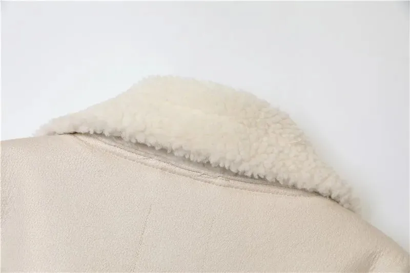 Women's Oversized Faux Leather Shearling Jacket with Zippered Closure in Black and White