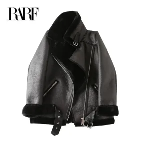 Women's Oversized Faux Leather Shearling Jacket with Zippered Closure in Black and White