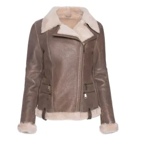 Women's Spanish Merino Faux Shearling Brown Leather Jacket