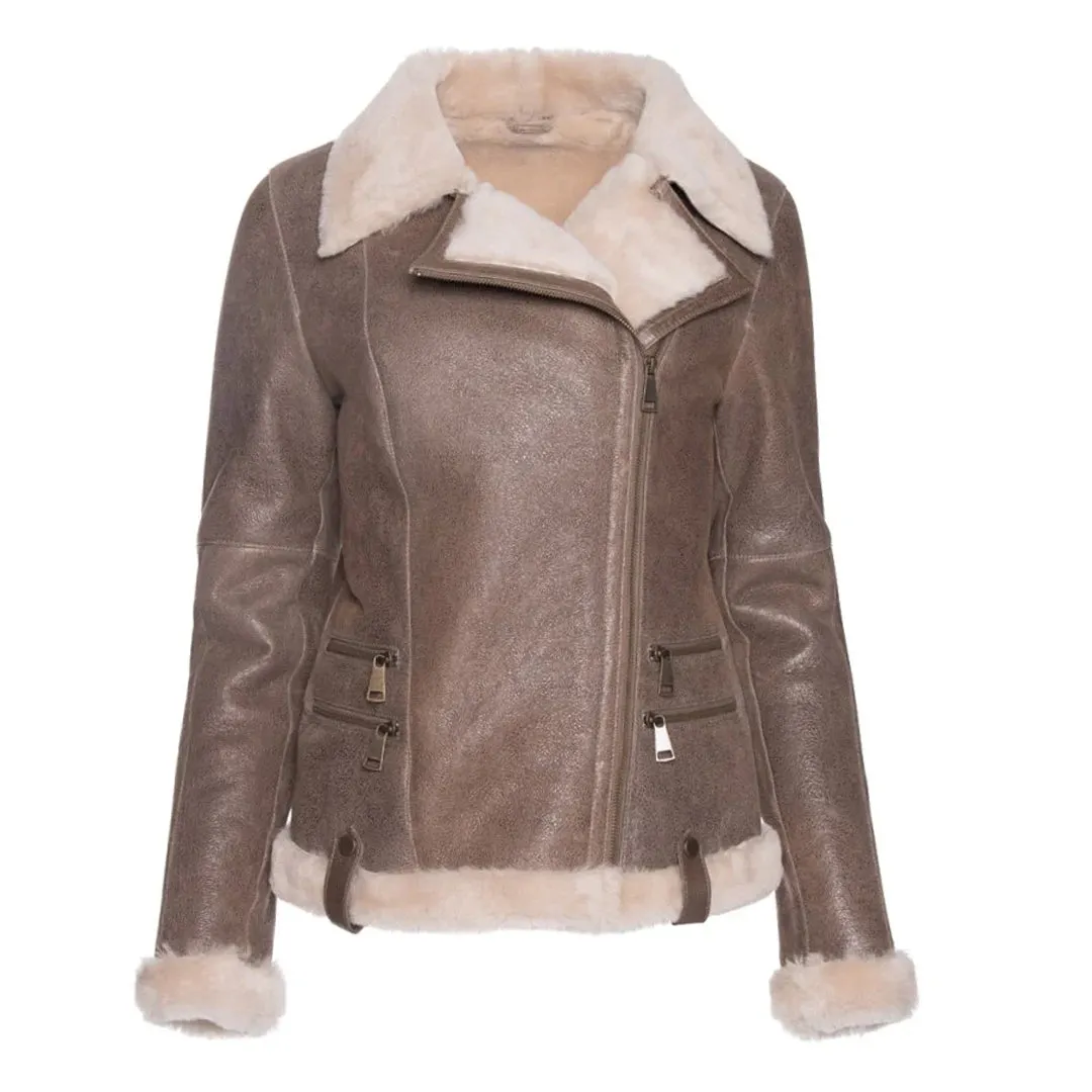 Women's Spanish Merino Faux Shearling Brown Leather Jacket