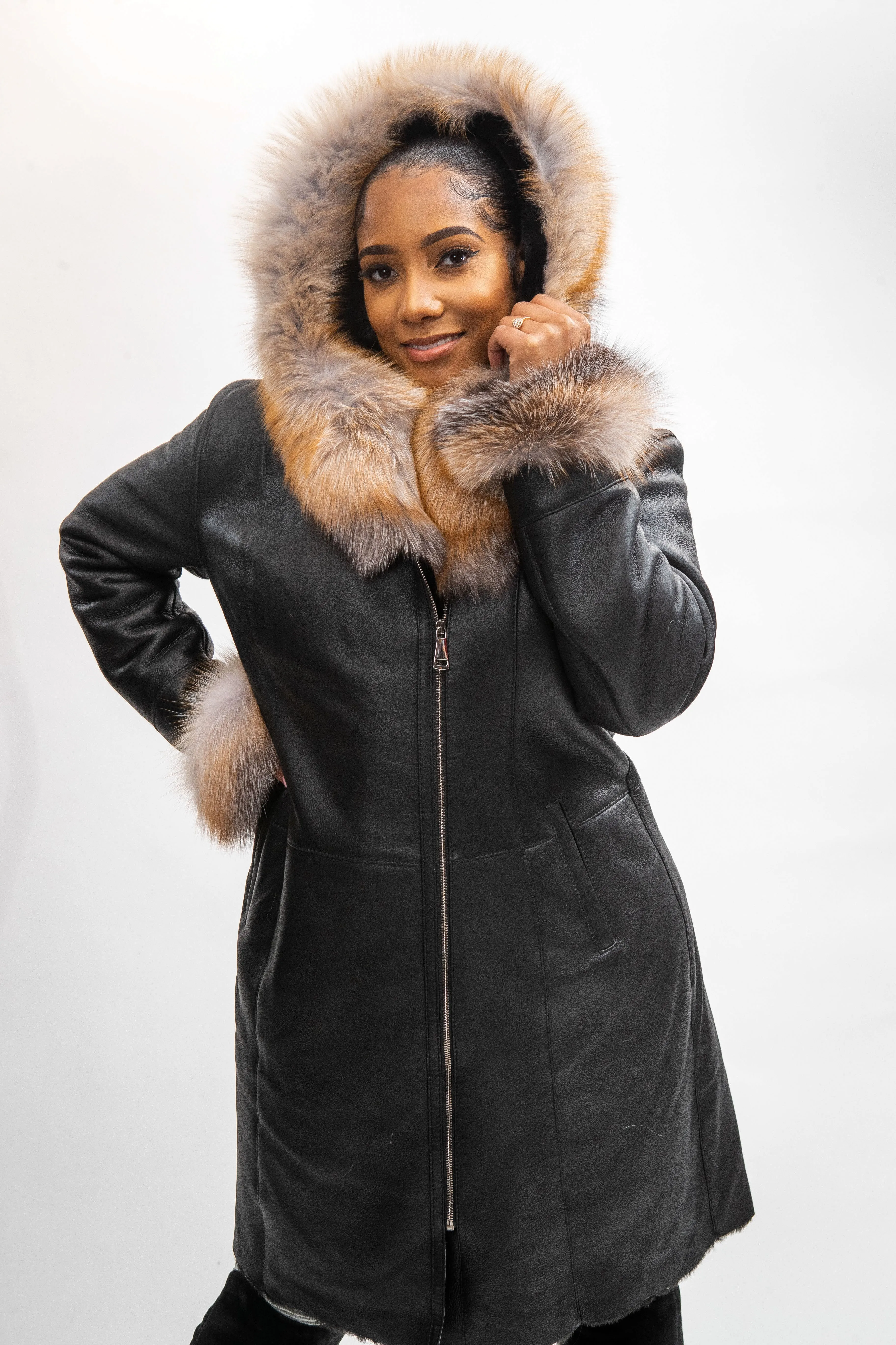 Women's Vivian Real Sheepskin 3/4 Coat With Fox [Crystal Fox]