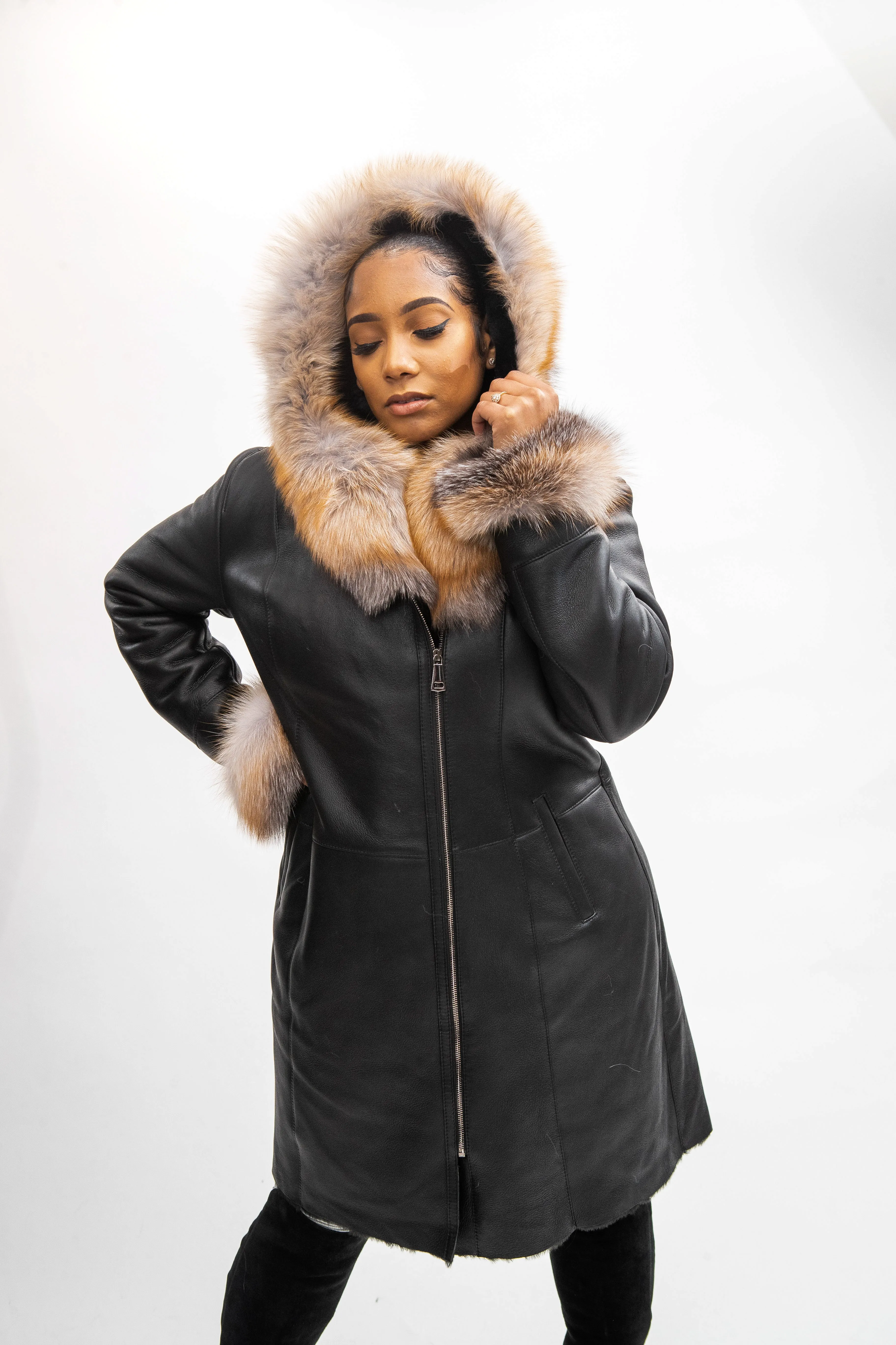 Women's Vivian Real Sheepskin 3/4 Coat With Fox [Crystal Fox]