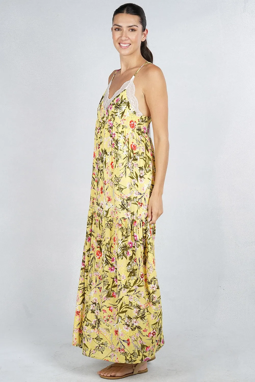 Yellow Floral Sleeveless Tiered Maxi Slip Dress