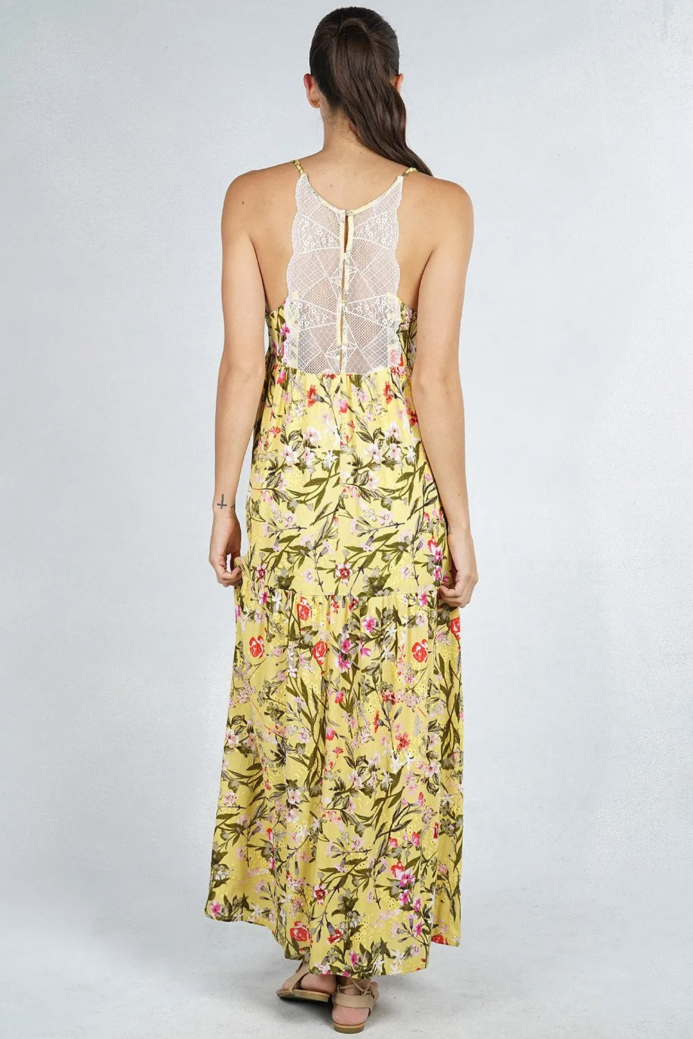 Yellow Floral Sleeveless Tiered Maxi Slip Dress