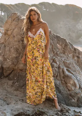Yellow Floral Sleeveless Tiered Maxi Slip Dress