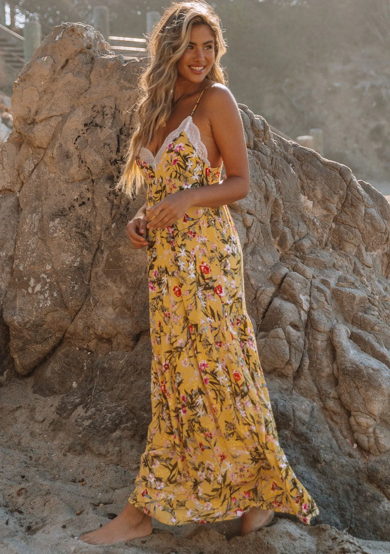 Yellow Floral Sleeveless Tiered Maxi Slip Dress