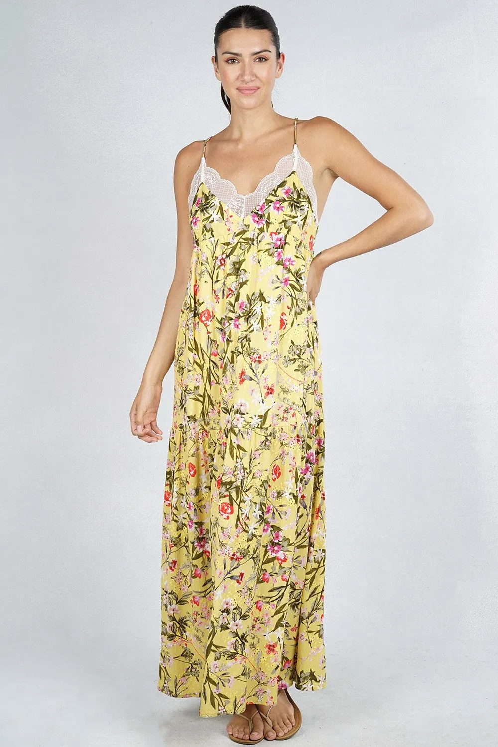Yellow Floral Sleeveless Tiered Maxi Slip Dress