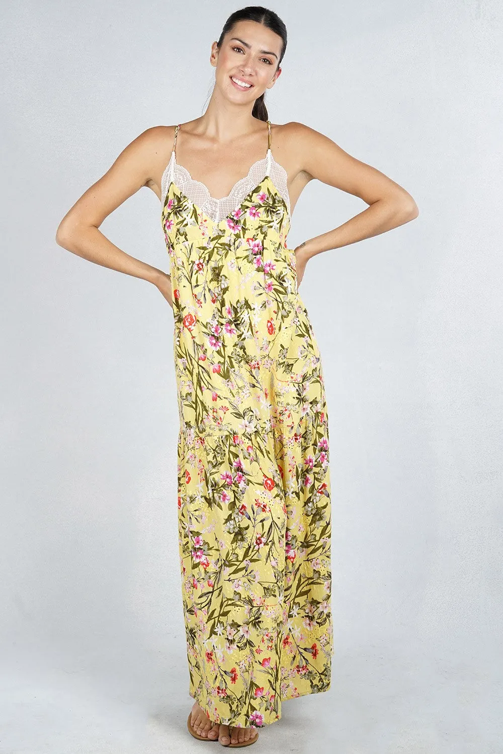 Yellow Floral Sleeveless Tiered Maxi Slip Dress