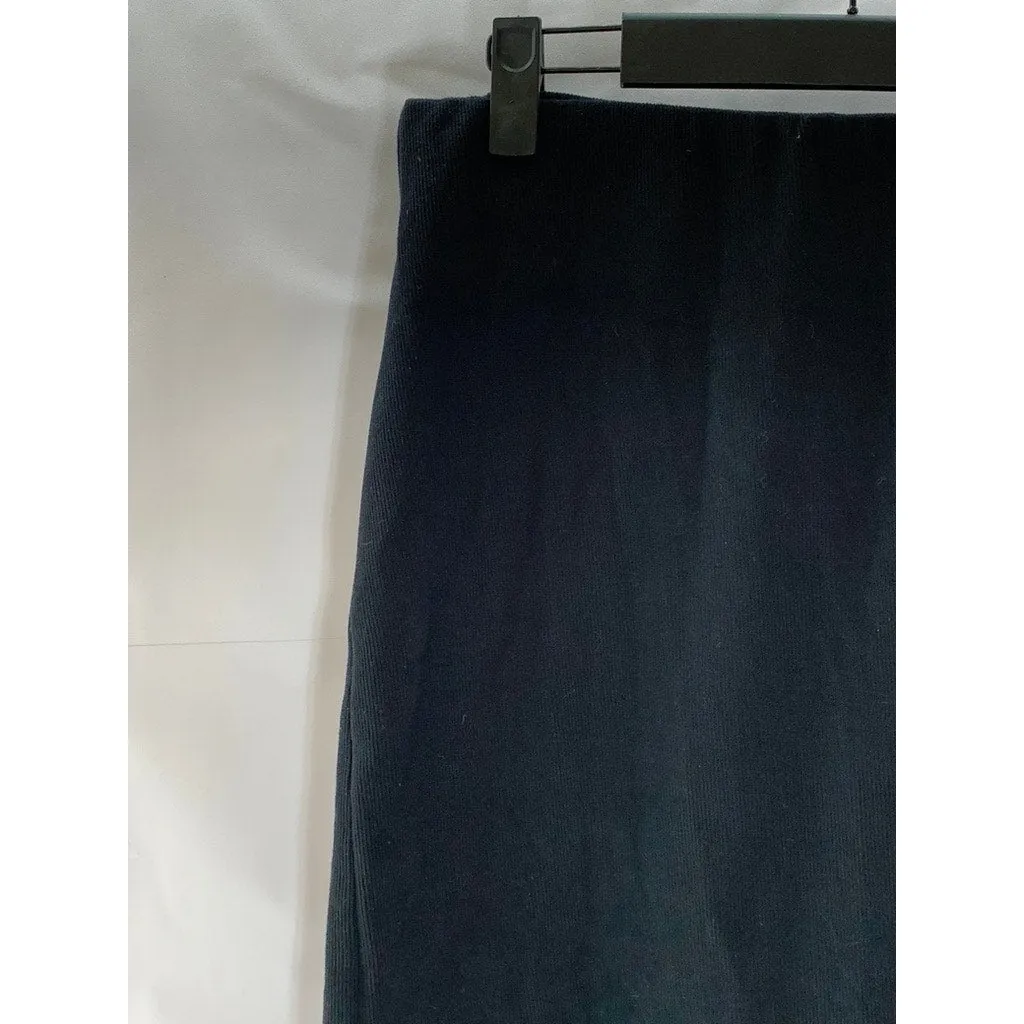 ZARA Women's Black Rib Knit Elasticized Waist Back-Slit Midi Skirt SZ L