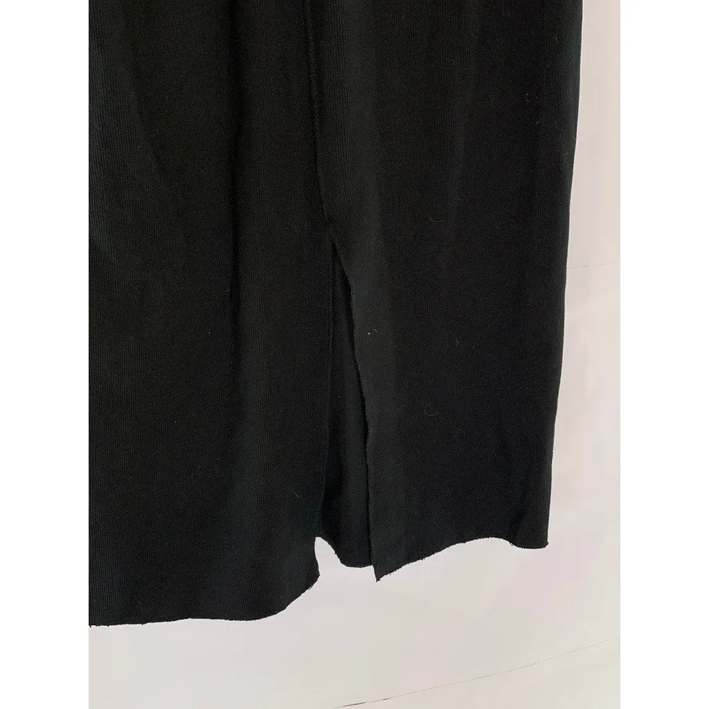 ZARA Women's Black Rib Knit Elasticized Waist Back-Slit Midi Skirt SZ L